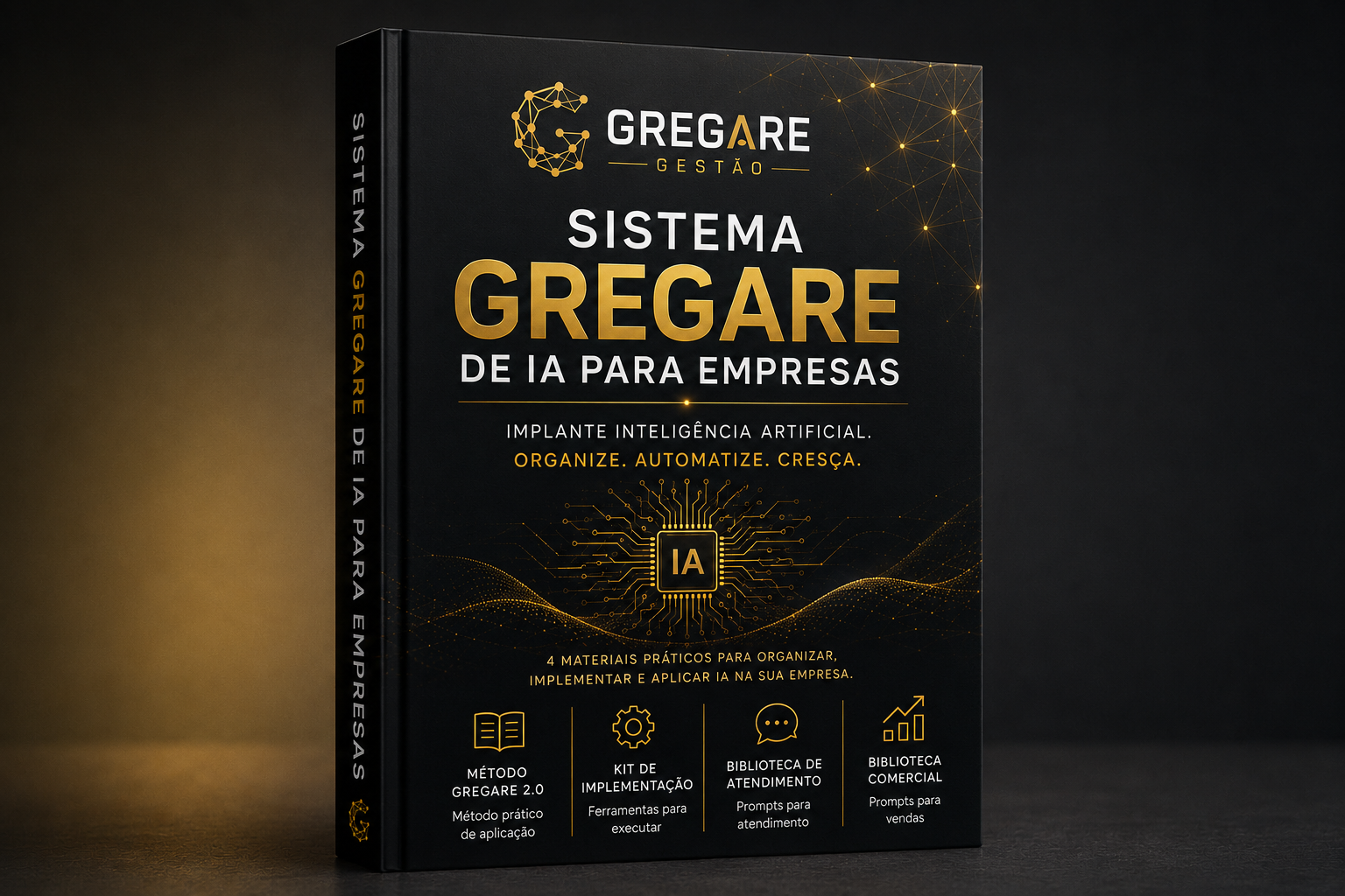 Mockup do Sistema Gregare de IA para Empresas — Método Gregare 2.0, Kit de Implementação, Biblioteca de Atendimento e Biblioteca Comercial